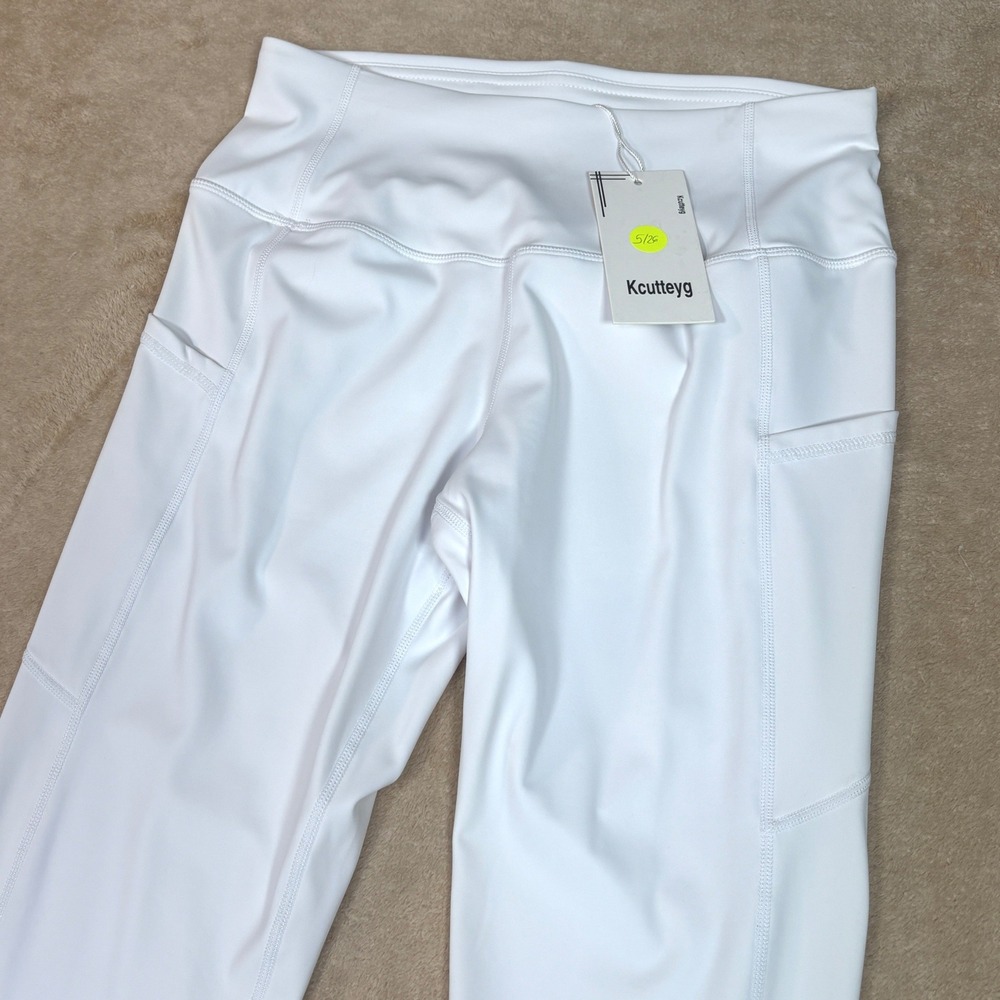 Kcutteyg Women White High Waisted Athletic Leggings with Pockets Size Medium NEW